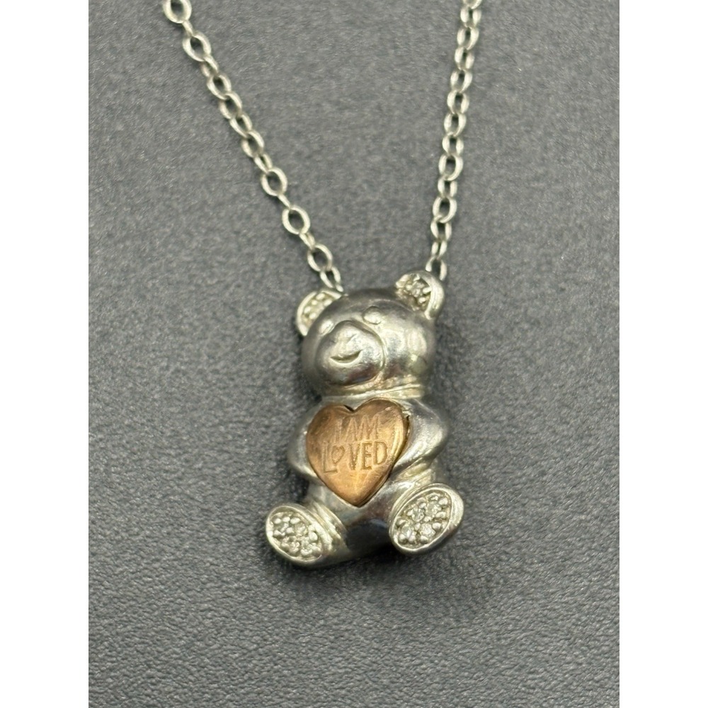 Vintage 16" 14K Sterling Silver Diamond Bear Pendant Necklace E27
